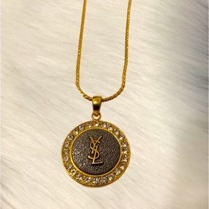 Yves Saint Laurent YSL Logo Necklace Pendant Rhinestone Gold 45 cm